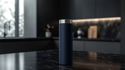 Stylish thermal mug Mockup  of  thermos bottle deep navy blue colour on dark marble countertop with a blurred background of a modern kitchen