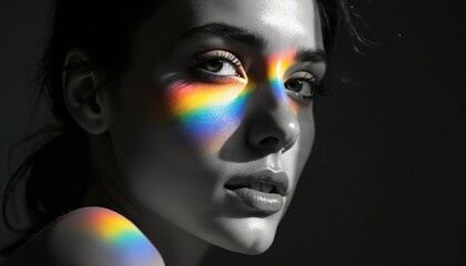 Monochrome woman portrait with rainbow light effect. Prism colors on young female face. Beauty model face close-up in studio with rainbow illumination, shadow play, light reflection.