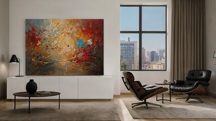 Fashionable, modern apartment with a large painting on the wall.