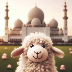 A smiling sheep with fluffy wool on the grass in front of a mosque Eid Al-Adha concept