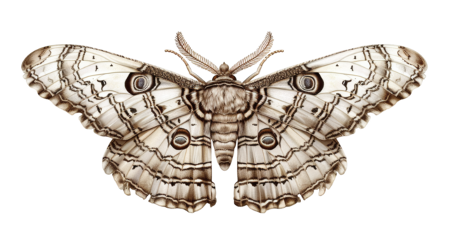 Realistic moth with intricate wing patterns isolated on a white background