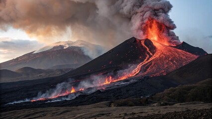 an erupting volcano with glowing lava and billowing smoke, showcasing the power of nature