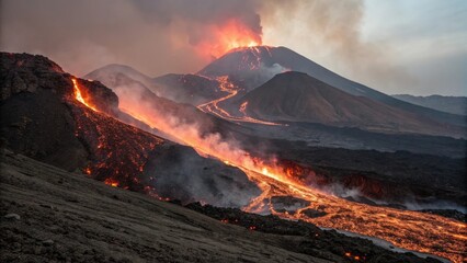 The eruption of a fiery volcano, with lava flowing down its slopes, paints a dramatic scene of nature's raw power.