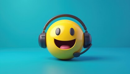 Happy smiling face yellow emoji in call center headset on blue background. Cartoon character promotes positive emotions in business communication, client support service, customer care.