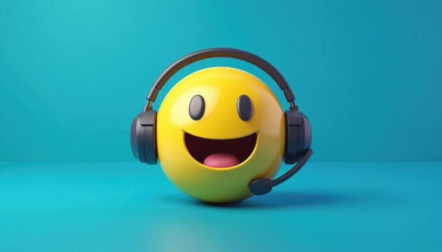 Naklejki Happy smiling face yellow emoji in call center headset on blue background. Cartoon character promotes positive emotions in business communication, client support service, customer care.