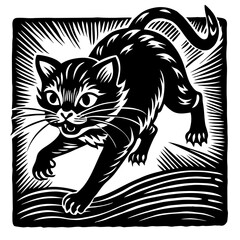 Obraz premium a black cat with fierce gaze leaping forward in dynamic motion, woodcut style
