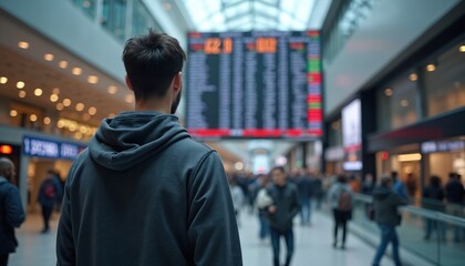 Fototapeta premium Back view of man looking at stock exchange screen in crowded hall. Financial data displayed. Guy analyzes market trends, investment strategies. Economy and business analytics background.