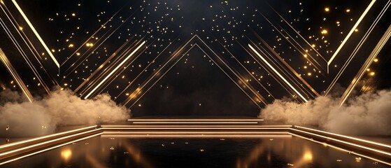  Luxurious Black and Gold Art Deco Awards Stage with Geometric Elegance and Soft Spotlights. Copy space. Generative AI
