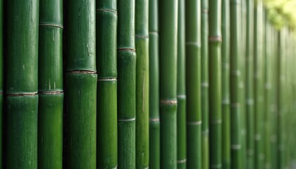 Fototapeta premium Solid green bamboo texture background. Natural bamboo wall fence with rustic pattern. Organic wooden material, environment privacy screen, tropical zen garden landscape, textured verdant enclosure.