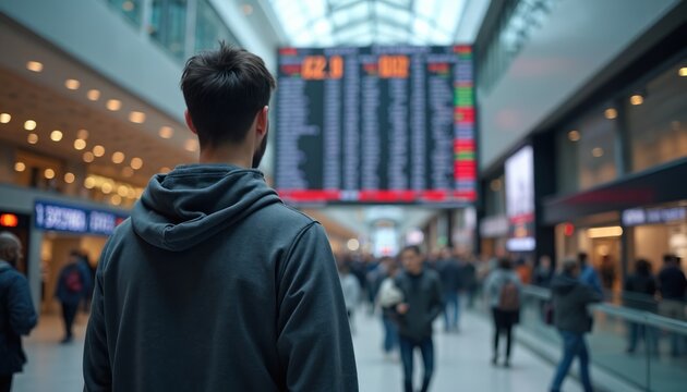 Back view of man looking at stock exchange screen in crowded hall. Financial data displayed. Guy analyzes market trends, investment strategies. Economy and business analytics background.