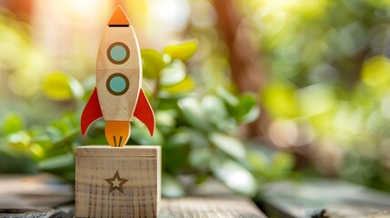 Rocket launching from wood cube with business icon, Start-up, Creativity, Big idea, Business goals management, Investment on new project to wealth, Company strategy target, Sustainable financial plan