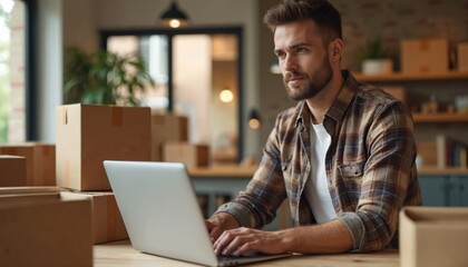 Business owner launches e-commerce platform, expands reach, offering products beyond physical location. Man types on laptop, surrounded by delivery boxes. E-business provides online shopping