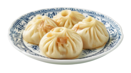 Steamed buns resting on a decorated plate with transparent background