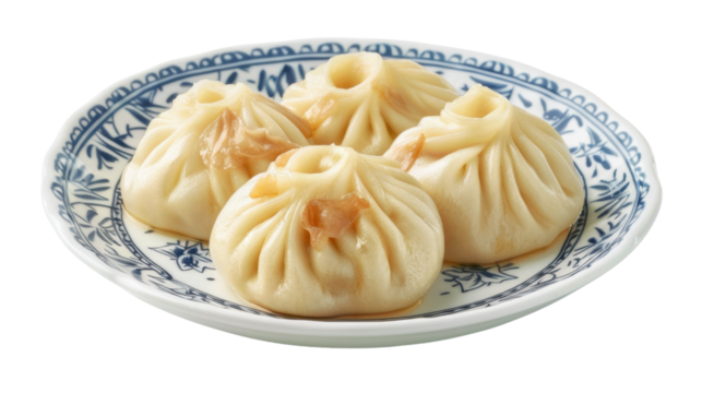 Steamed buns resting on a decorated plate with transparent background
