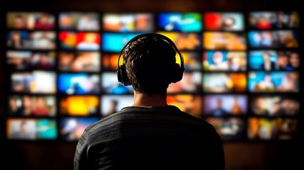 Man with headphones watching diverse video content on a large screen.