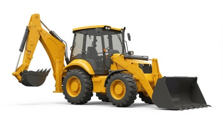 Yellow Backhoe Loader Tractor Against White Background