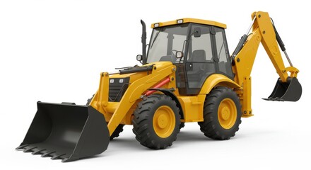 Yellow Backhoe Loader Tractor Against White Background