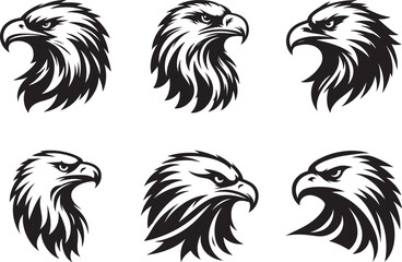 Premium Eagle Head Logo Set – Black and White Silhouette Vector Design on White Background