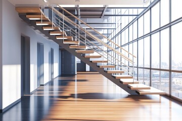 Modern Floating Staircase in a Sunlit Interior with Large Windows and Urban View
