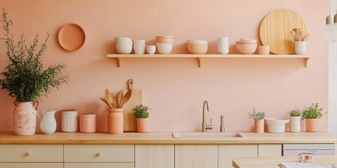 A warm kitchen with various tableware and floral decorations