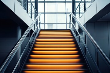 Illuminated Staircase Leading to Modern Architecture with Large Windows and Stainless Steel Rai