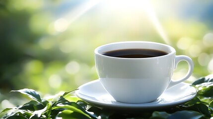 Fototapeta premium A steaming cup of coffee outdoors on a sunny day.