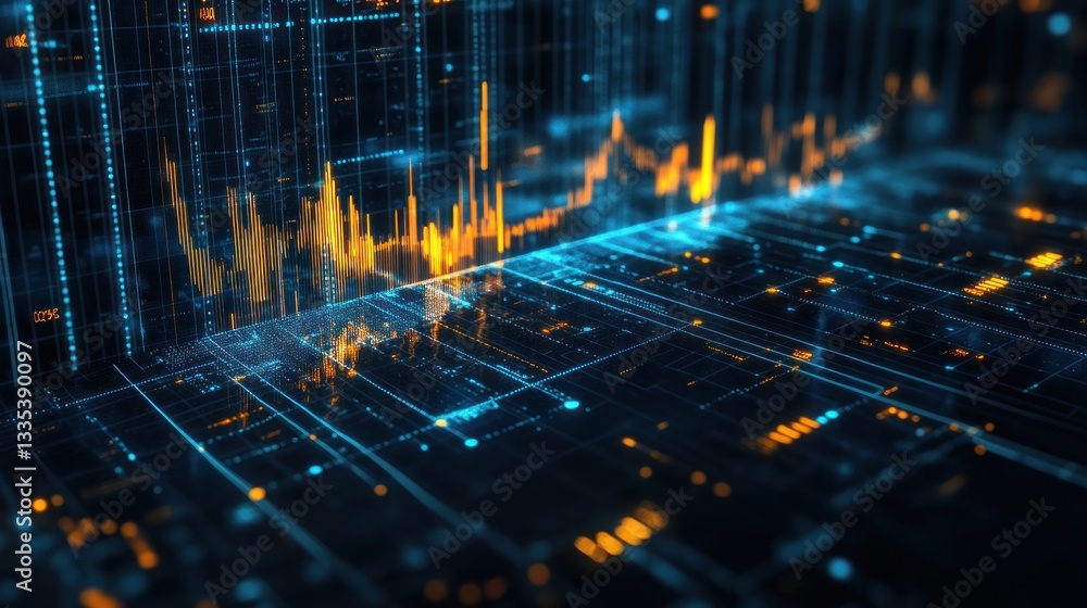 Poster abstract digital visualization of data analysis with glowing lines and graphs representing trends an
