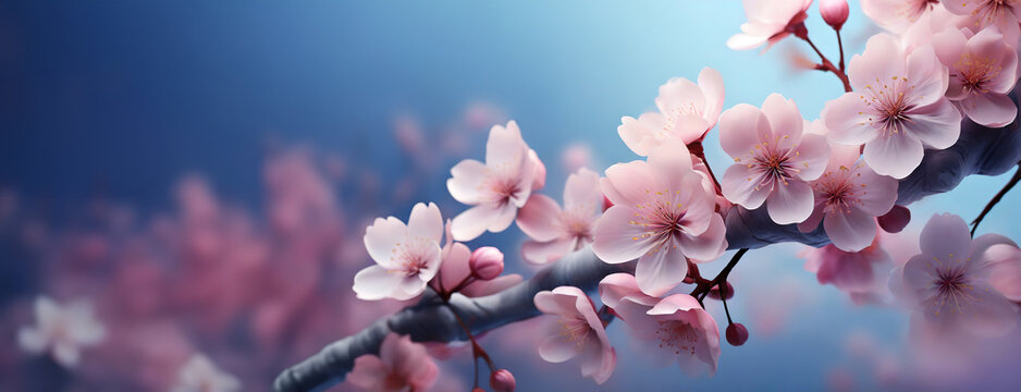 A delicate cherry blossom branch with soft pink flowers against a blue sky - Powered by Adobe