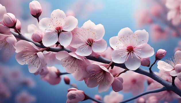 Beautiful branch of cherry blossoms in full bloom, with delicate pink flowers against a soft blue background, evoking the essence of spring
