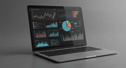 3D Rendered Laptop Displaying Dynamic Analytical Data Graphics