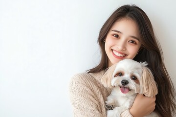 A young woman joyfully holds a small, fluffy dog, both beaming with happiness. Their warm expressions convey a strong bond, perfect for showcasing companionship and love.