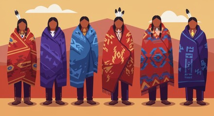 Vibrant Flat Design Illustration of Native American Individuals in Traditional Attire