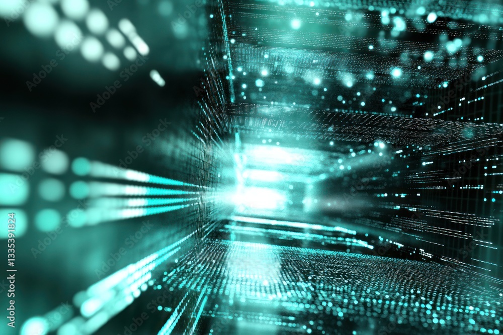 Poster abstract digital tunnel with glowing data streams