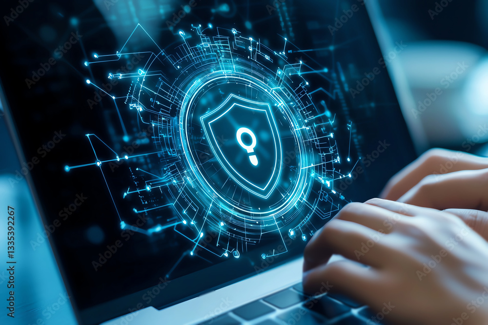 Poster a close-up of hands typing on a laptop, showcasing a digital security interface with a shield symbol