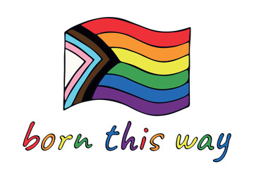 Colorful Lgbtq progress pride flag Happy pride day LGBTQ community Pride Month Vector hand drawn doodle for posters, stickers, logo, cards