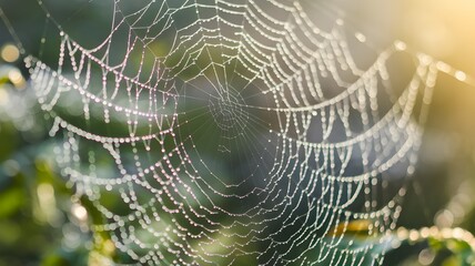 A close-up of a delicate spider web covered in glistening morning dew. Each tiny droplet sparkles in the bright morning sunlight.