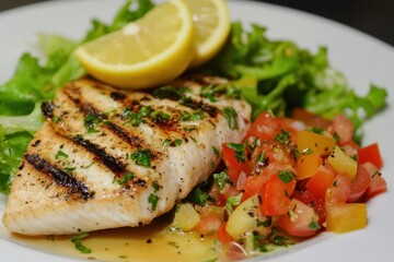 Swordfish vegetable salad with tomato and lemon on a white plate Healthy meal Above