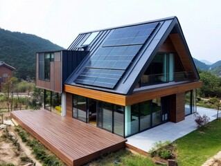 A modern house with solar panels on a peaked roof