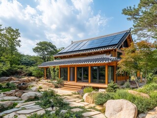 Naklejka premium Modern dwelling with solar panels and traditional architectural influences is beautiful