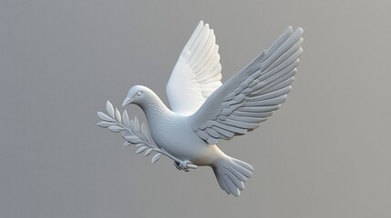 Obraz premium A white dove in flight, holding an olive branch, symbolizes peace