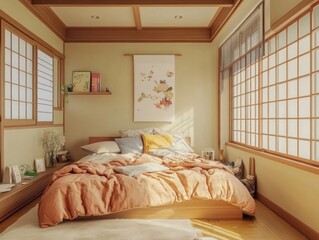 Obraz premium A cozy and tranquil bedroom with natural light and wooden accents