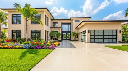 A modern home with beige stucco and black windows, set against a backdrop of a lush green lawn
