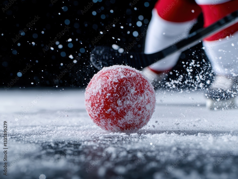 Poster dynamic close-up of a red hockey puck on ice with player action in background