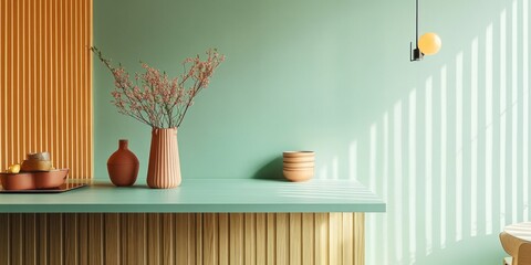 A minimalist interior design scene featuring decorative vases and a countertop