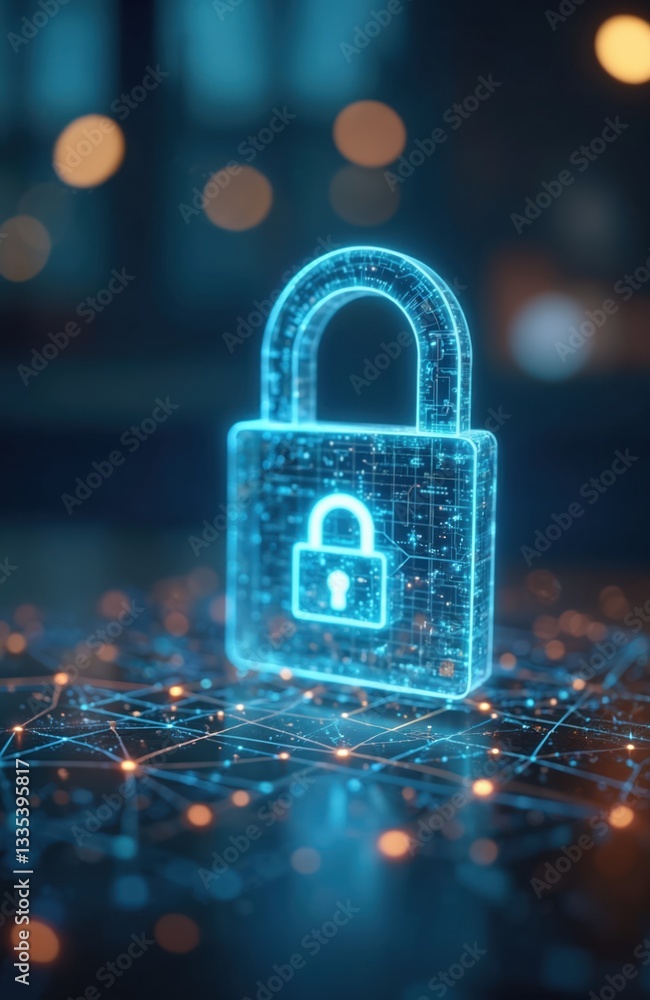 Poster digital blockchain network with secure data encryption. cybersecurity technology on abstract blurred