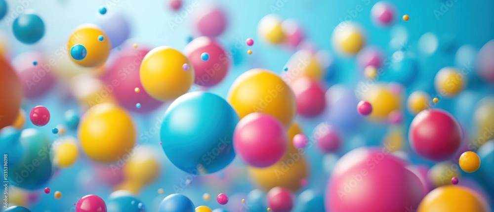 Poster colorful abstract spheres floating in a vibrant blue background, creating a playful and energetic at