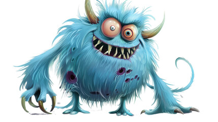 Fototapeta premium Scary blue monster with big teeth and transparent background
