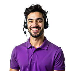 Smiling call center operator with headset, isolated on white background. Friendly customer service representative in purple polo shirt. Professional business portrait.
