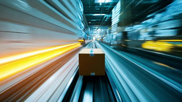 Dramatic high-speed motion blur view of a cardboard box rushing along a conveyor belt through a modern warehouse aisle.