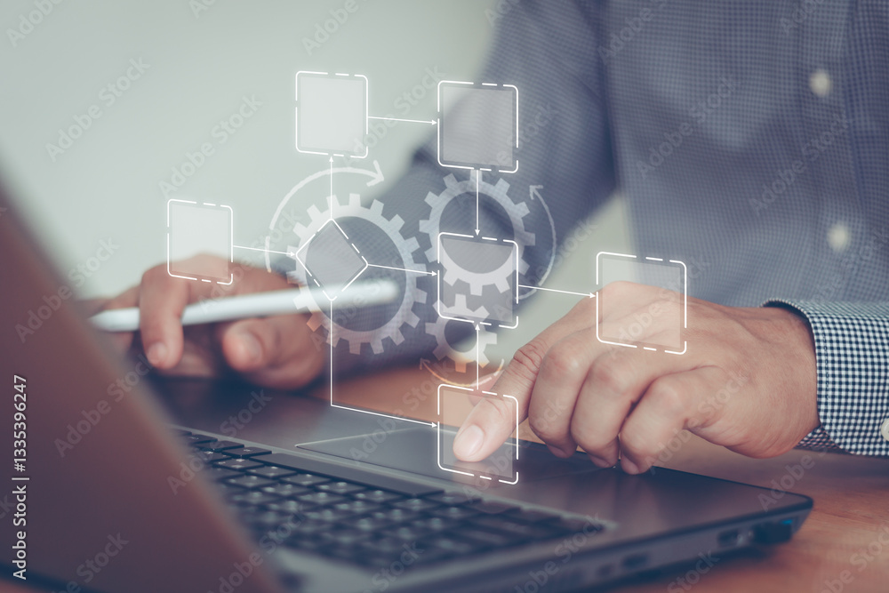Leinwandbilder Business process automation workflow management of development innovation concept. Digital transformation software technology. Man use laptop with virtual gear flowchart, AI, artificial intelligence.